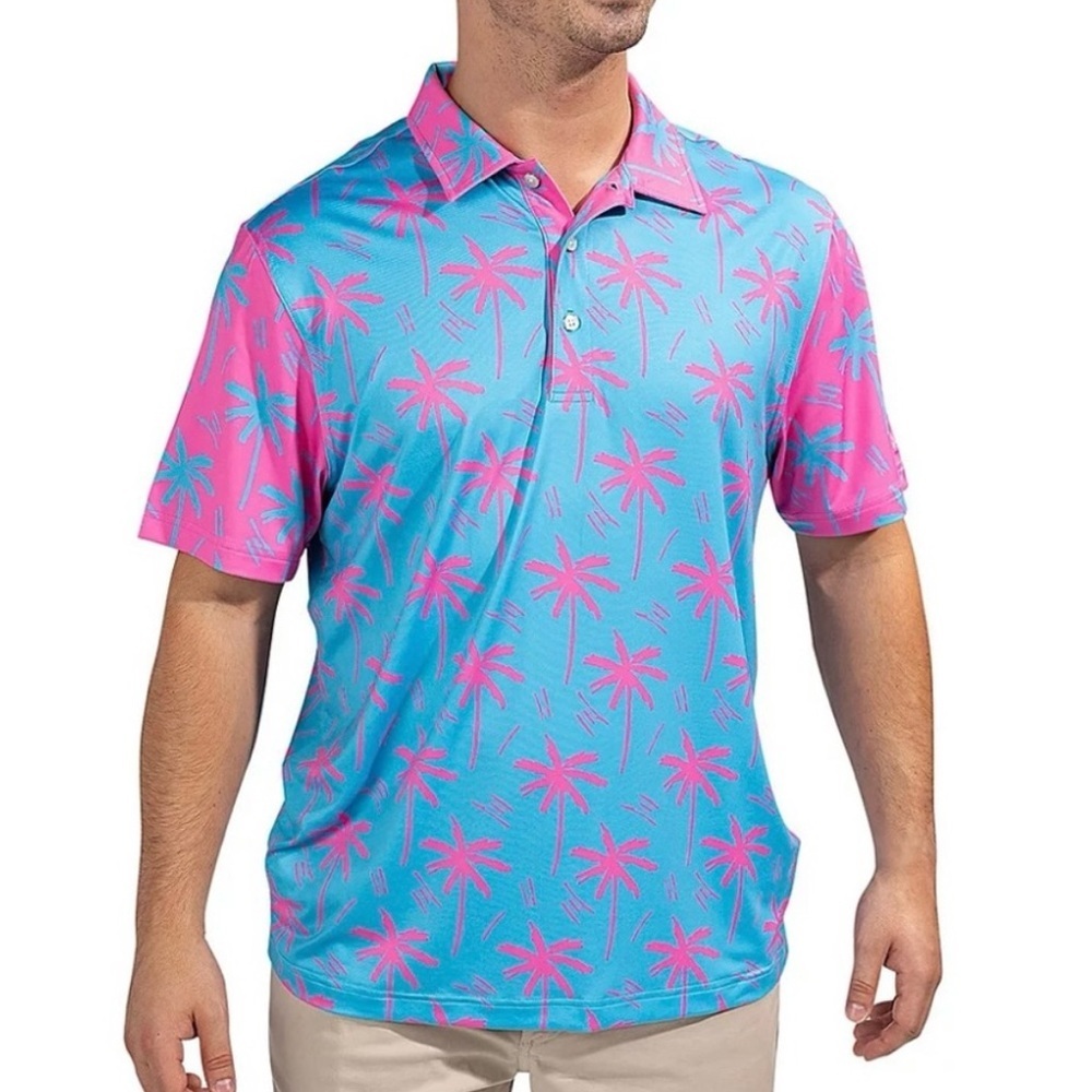 CHUBBIES The Electric Slide Performance Polo Tropical Palm Tree Pink Blue Medium